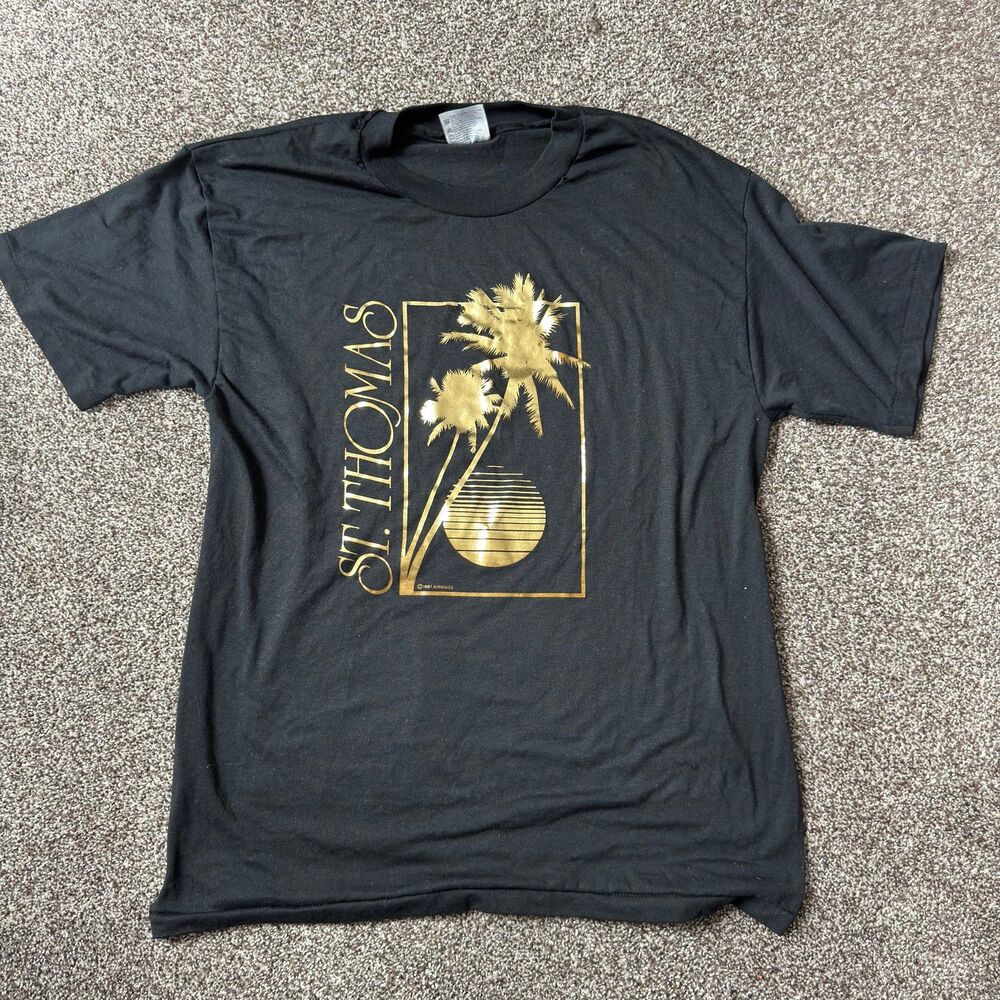 Vintage 80s Hanes Heavyweight St Thomas USVI Gold Foil T Shirt Large Made in USA